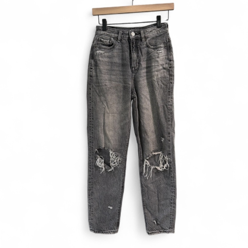 American Eagle Mom Jeans High‎ Rise Distressed Washed Black Gray Size 0 Regular